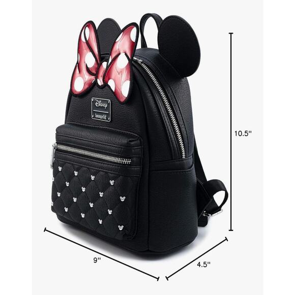 Loungefly Disney Minnie Mouse Mini Backpack Black Quilted With Red Bow - Picture 3 of 8